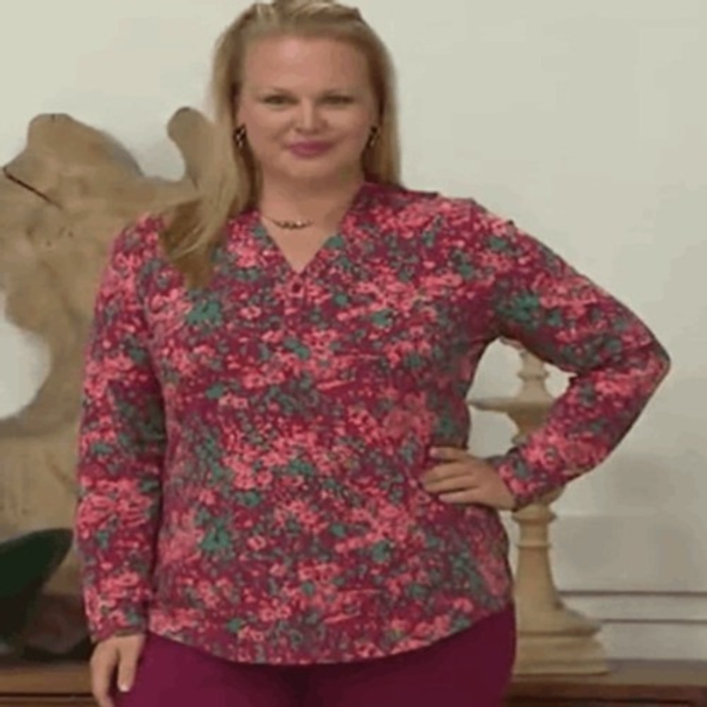 Floral Henley Long Sleeve Top Pink Orange Ditsy Flower Plus Size 3X - Picture 2 of 4